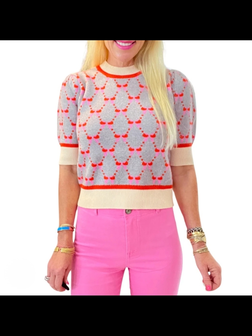 THML Cream & Coral Short Sleeve Knit Top SZ Small
